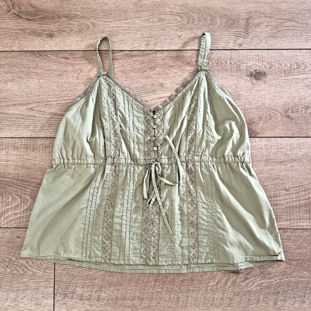 Plus Size Babydoll Green Top Lace Eyelet Embroidery Adjustable Straps 18 Boho